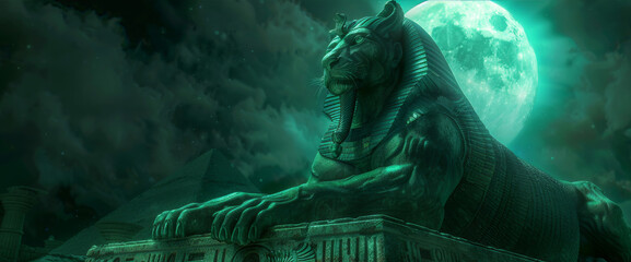 A fantasy version of ancient Egypt where the Sphinx comes to life under the neon moon, its riddles a test for the worthy