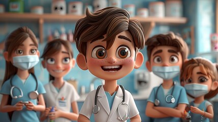 An pediatric dentist with a friendly smile engages a group of attentive children in a clinic setting, demonstrating the importance of dental hygiene