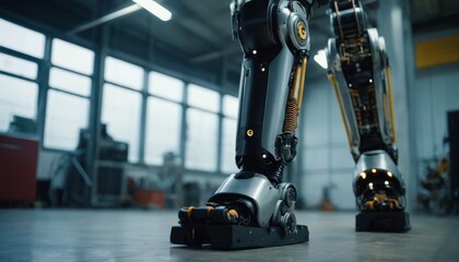 Two robotic limbs positioned in an industrial facility, showcasing modern automation and robotic engineering - obrazy, fototapety, plakaty