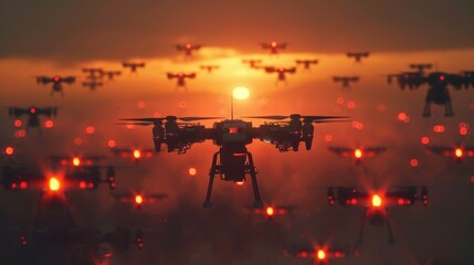 A drone is flying in a sky full of other drones - obrazy, fototapety, plakaty