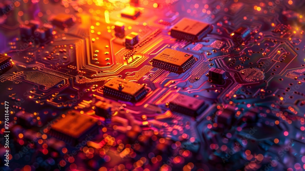 Poster a colorful electronic board with many small components. the board is a representation of a computer'