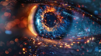 A close up of a blue eye with orange and blue lights surrounding it. The eye is surrounded by a blurry, colorful background. The eye is the main focus of the image - obrazy, fototapety, plakaty
