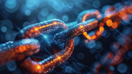 A chain of links with a glowing orange and blue color. The chain is made of metal and is connected to a blue background. The chain is illuminated with a bright light, giving it a futuristic - obrazy, fototapety, plakaty