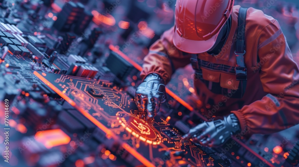 Poster a man in a red jacket is working on a computer chip. the image has a futuristic and industrial feel 