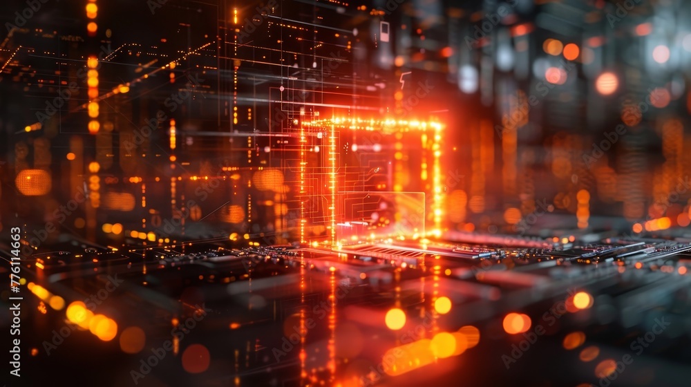 Poster a computer chip is lit up in a cityscape. the image is a representation of the digital world and the