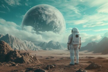 An astronaut ventures across the rugged terrain of a newly discovered alien planet, bathed in the light of unfamiliar stars. - obrazy, fototapety, plakaty