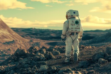 An astronaut ventures across the rugged terrain of a newly discovered alien planet, bathed in the light of unfamiliar stars. - obrazy, fototapety, plakaty