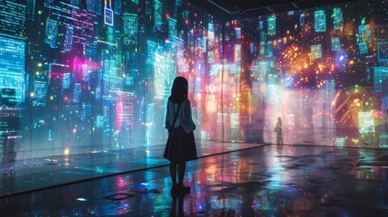 A woman stands in front of a large projection of a city. The projection is colorful and vibrant, with neon lights and buildings