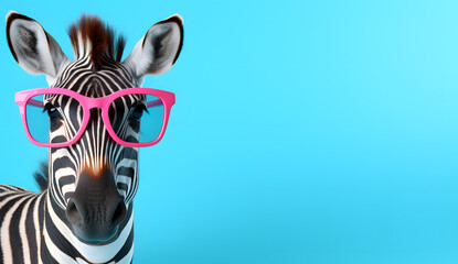 Cute zebra with pink glasses on blue background with copy space for text