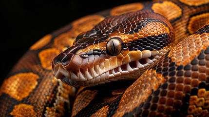 Fototapeta premium A detailed photo of a python, showcasing the texture and pattern of its scales on a dark background Ideal for wildlife and nature themes