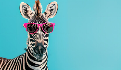 Cute zebra with pink glasses on blue background with copy space for text
