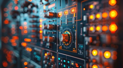 Obraz premium A close up of a computer monitor with a large orange button in the middle. The button is surrounded by a variety of other buttons and lights, giving the impression of a complex and intricate system