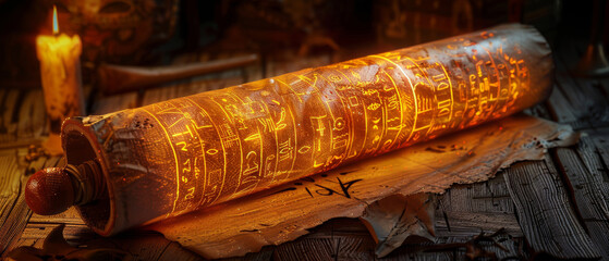 A magical papyrus scroll, its neon hieroglyphs coming to life to aid the reader in their quest - obrazy, fototapety, plakaty