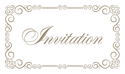 Decorative rectangular framework and calligraphic lettering Invitation. Invitation card. Metallic material. 3D render, png.