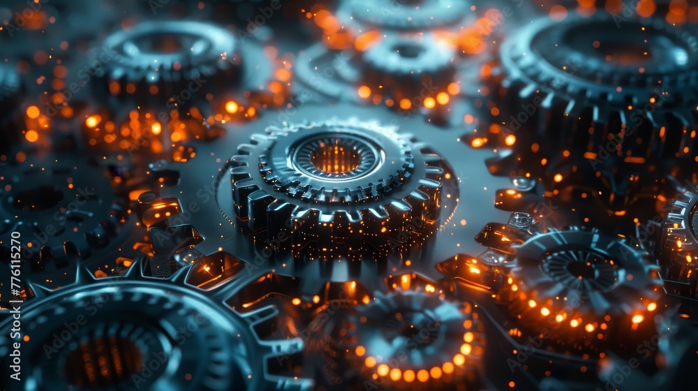 Poster a close up of a bunch of gears with a lot of orange and blue lights. the gears are all different siz