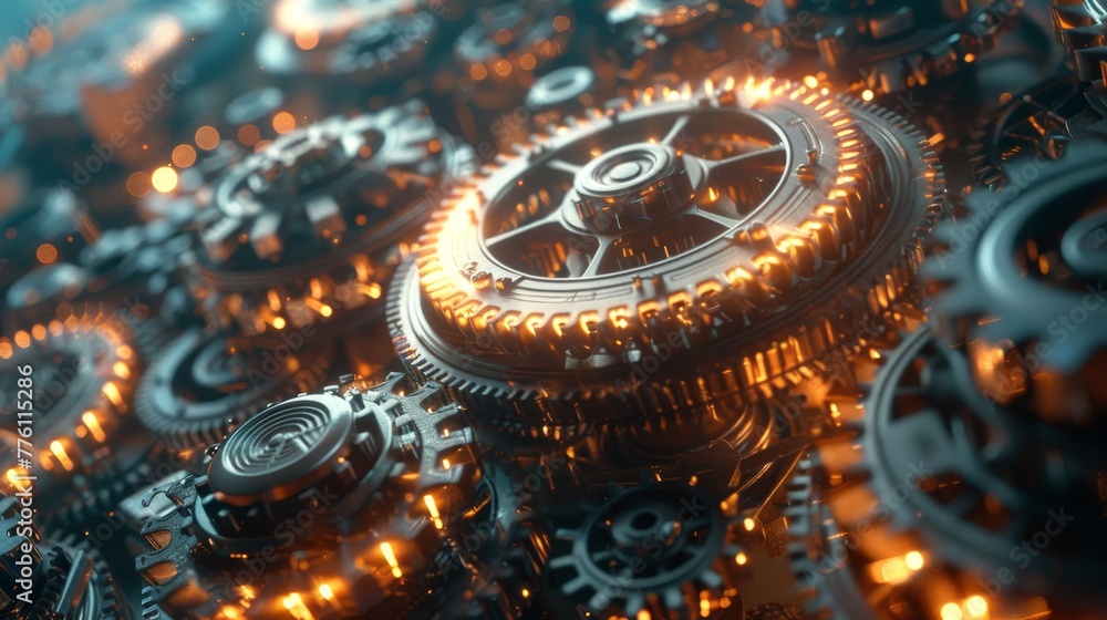 Poster a close up of a machine with many gears and a large gear in the center. the gears are all gold and t