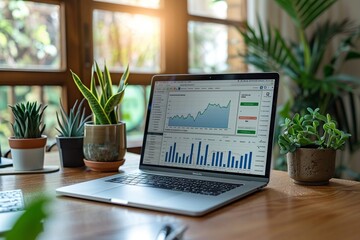 Sleek laptop on a polished desk showing vibrant stock charts, office plants in the background