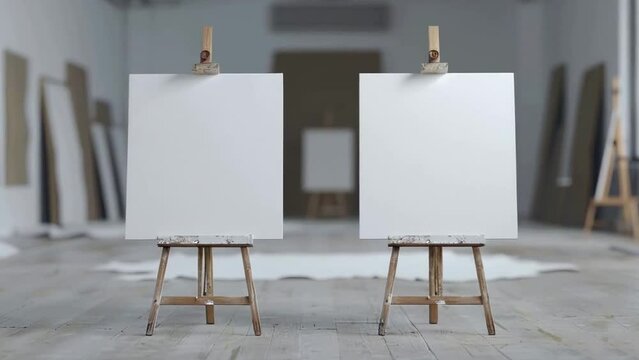 Two easels with square white empty blank canvas in bright minimalistic interior of exhibition hall, studio or artist workshop. Front view. Mock up for artwork image, paint on canvas, creative space.