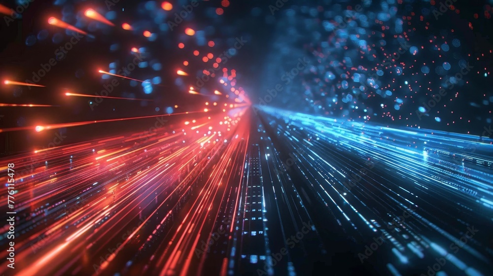 Poster a colorful, abstract image of a bright blue and red line with a lot of dots. the image has a futuris