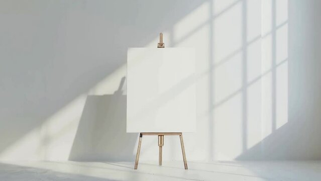 Single one easel with white empty blank canvas in bright minimalistic interior of exhibition hall, studio or artist workshop. Front view. Mock up for artwork image, paint on canvas, creative space.
