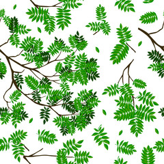 Seamless background of twigs with green leaves. Hand drawing. Not AI. Vector illustration