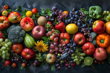 Spectacular array of fruits and veggies, glowing with colors on a jetblack surface, symbolizing...