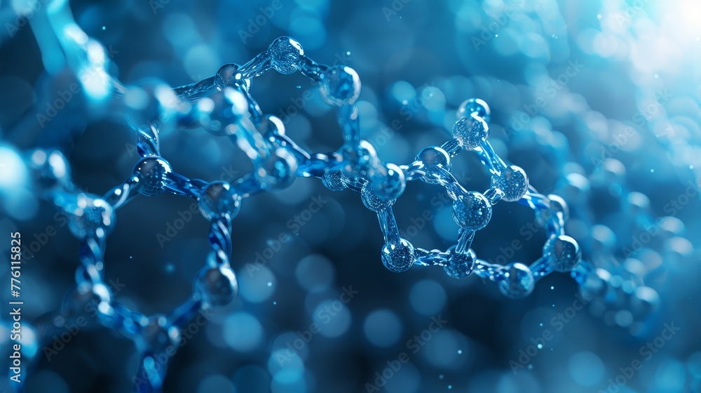 Poster a blue and white image of a molecule with many small blue spheres. the image is abstract and has a d