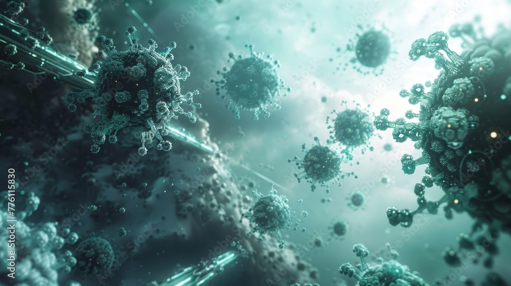 Aufkleber a bunch of green viruses are floating in the air. the viruses are small and are scattered throughout