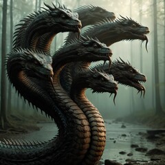 Hydra, a many-headed monster from ancient Greek mythology. When it loses a head, it grows two new ones. Water snake. Deadly breath and poisonous saliva. Lernaean Hydra or Hydra of Lerna. Generative AI
