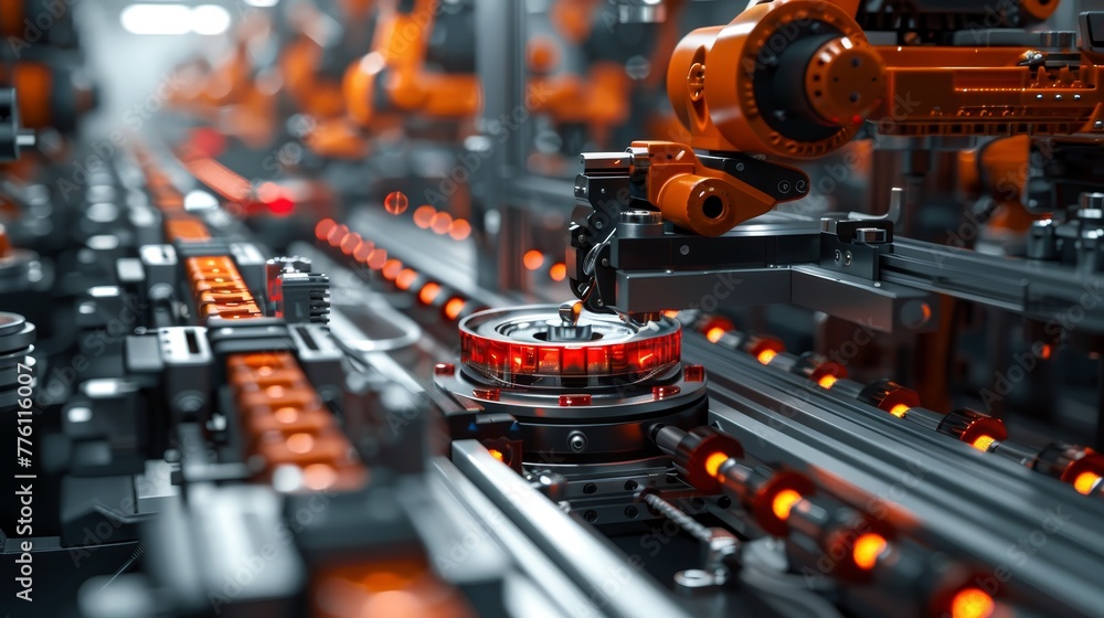 Poster a factory with machines that are orange and black. the machines are working on a red object. the ima