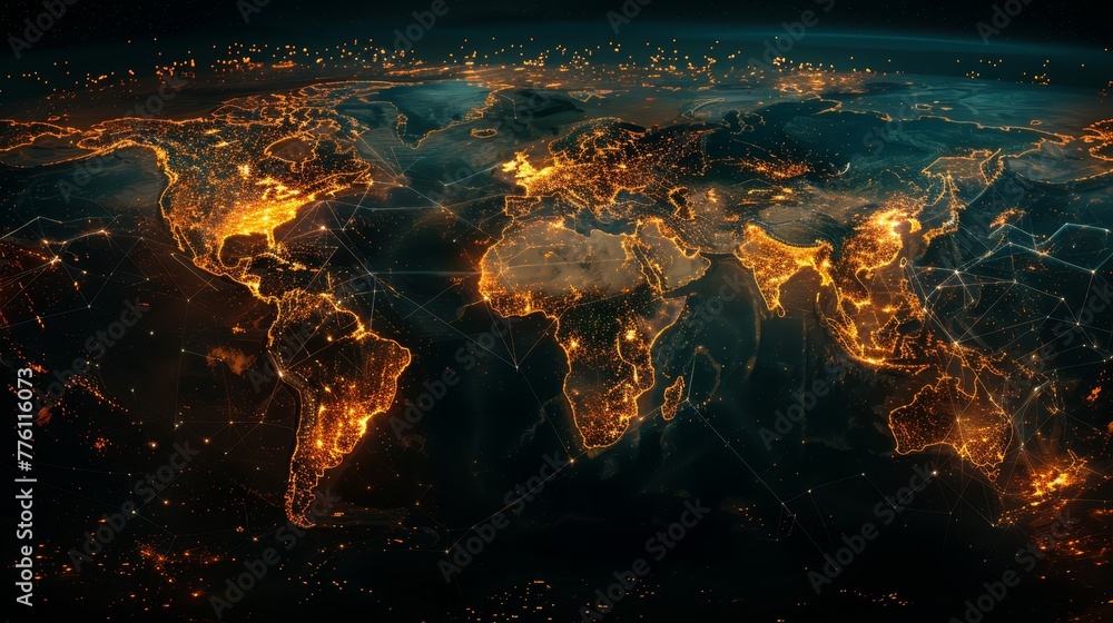 Poster a globe with a dark blue background and a bright orange glow. the globe is lit up with a variety of 