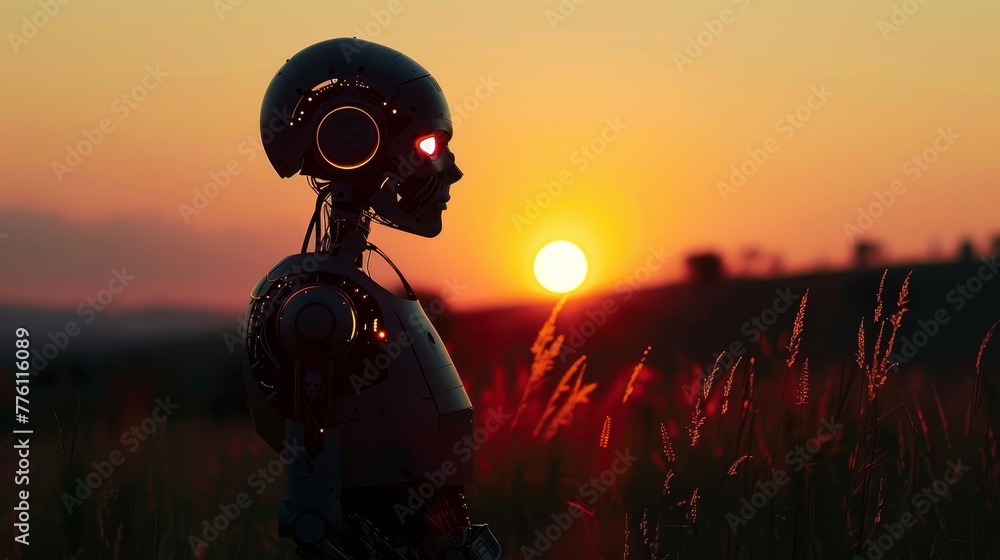 Aufkleber a robot stands in a field at sunset. the robot is wearing a helmet and has a red face. the sun is se