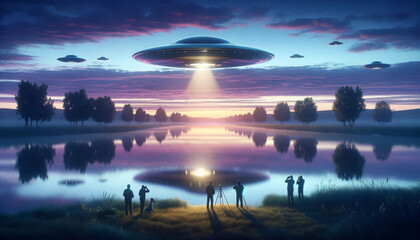 UFO sighting by witnesses at dawn near a serene lake, ideal for sci-fi or mystery themed content and event promotions. - obrazy, fototapety, plakaty