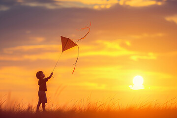 Happy child flying a kite at sunset. AI generative