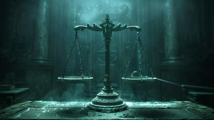 The scales of justice, a luminescent symbol in the darkness of a silent courtroom, embodying supreme justice - obrazy, fototapety, plakaty