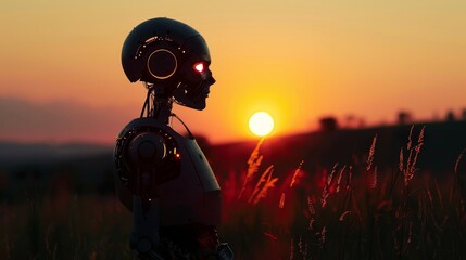 A robot stands in a field at sunset. The robot is wearing a helmet and has a red face. The sun is setting in the background, casting a warm glow over the field. The scene is peaceful and serene