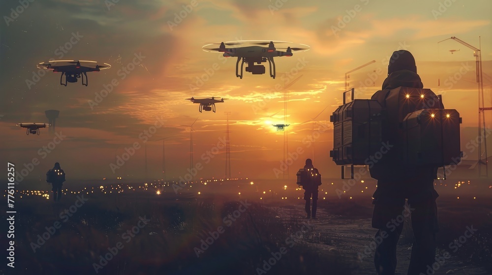 Poster a group of people are walking through a field with a large number of drones flying overhead. the dro