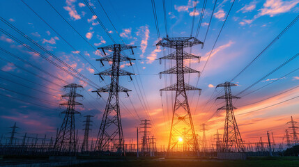 high voltage electrical wire supply network station for distribute electricity energy to town home and industry for business technology by electrical engineer