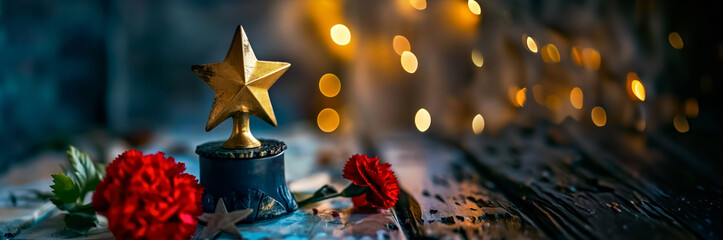 Gold star and red carnation. Symbols Victory day 9 May. Veterans day. 1941-1945. Concept of accomplishment and triumph