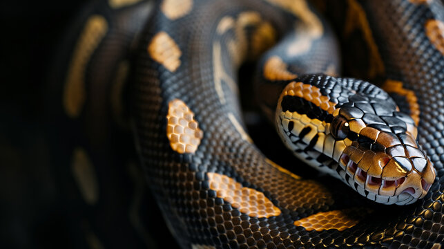 Close-up photo of a python snake showing the detailed textured patterns of its skin, adding a wild and exotic touch