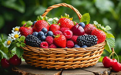 Harvest of different fresh berries in basket on wooden stump surrounded summer flowers and plants....