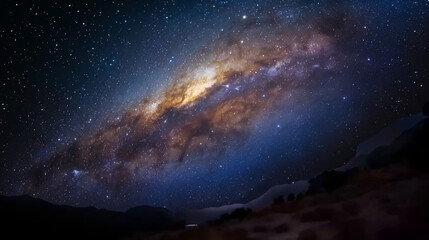 Captivating night sky scene displaying the Milky Way's galactic splendor above serene mountain silhouettes, invoking a sense of wonder