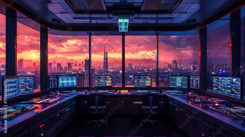 Poster a computer room with a view of the city at sunset. the room is filled with computer monitors and key