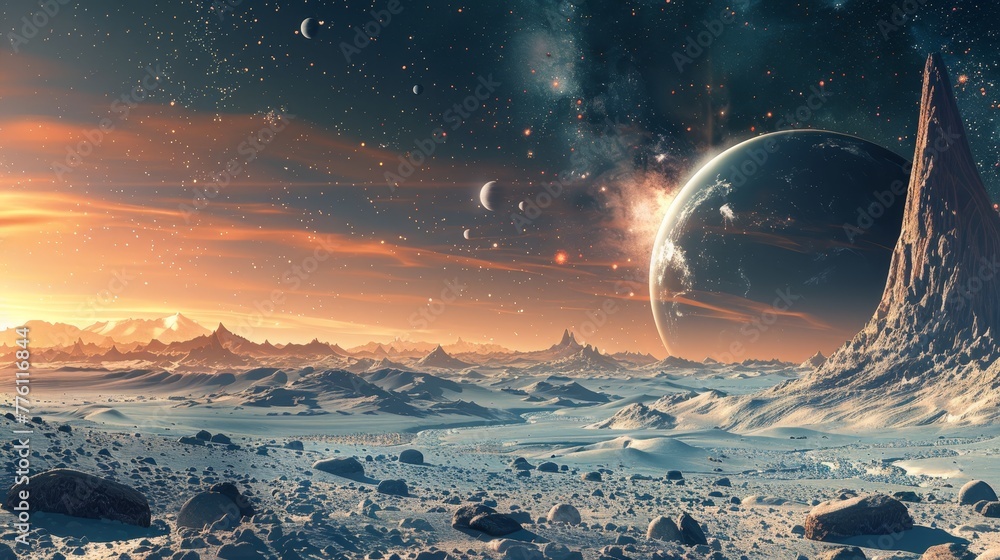 Aufkleber a desolate, rocky planet with a large, glowing object in the sky. the sky is filled with stars and t