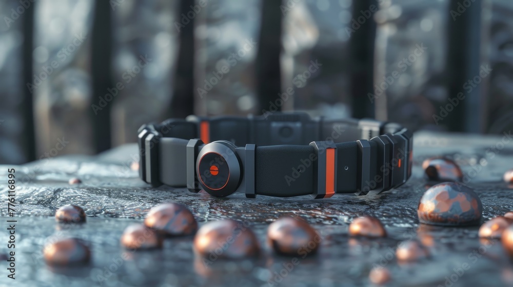 Aufkleber a black and red smart watch with a red button on the front. the watch is on a stone surface with a f