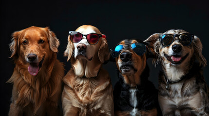 Group of dogs in sunglasses on a black background .Shady Pack: Canines Sporting Sunglasses.