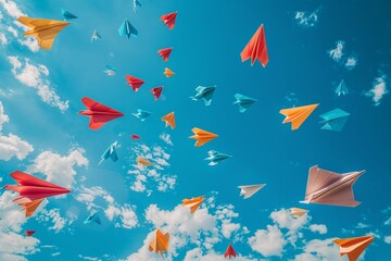 Vivid blue skies host a fleet of colorful paper airplanes, trailing among wispy clouds  a celebration of creativity and travel