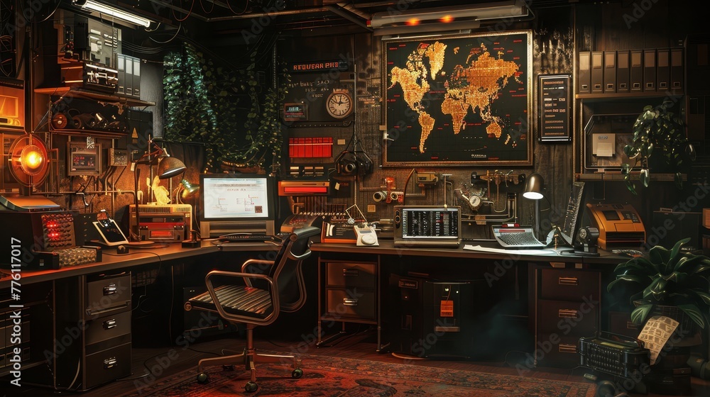 Poster a computer lab with a large map of the world on the wall. the room is dimly lit and has a vintage fe