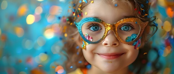 Joyful Child in Mardi Gras Mask Celebrating with Confetti. Concept Celebratory Moments, Mardi Gras Fun, Colorful Portraits, Happy Occasions