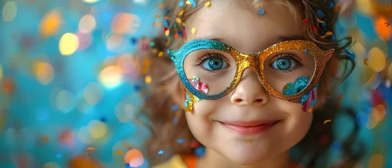 Photo sur Plexiglas Carnaval Joyful Child in Mardi Gras Mask Celebrating with Confetti. Concept Celebratory Moments, Mardi Gras Fun, Colorful Portraits, Happy Occasions